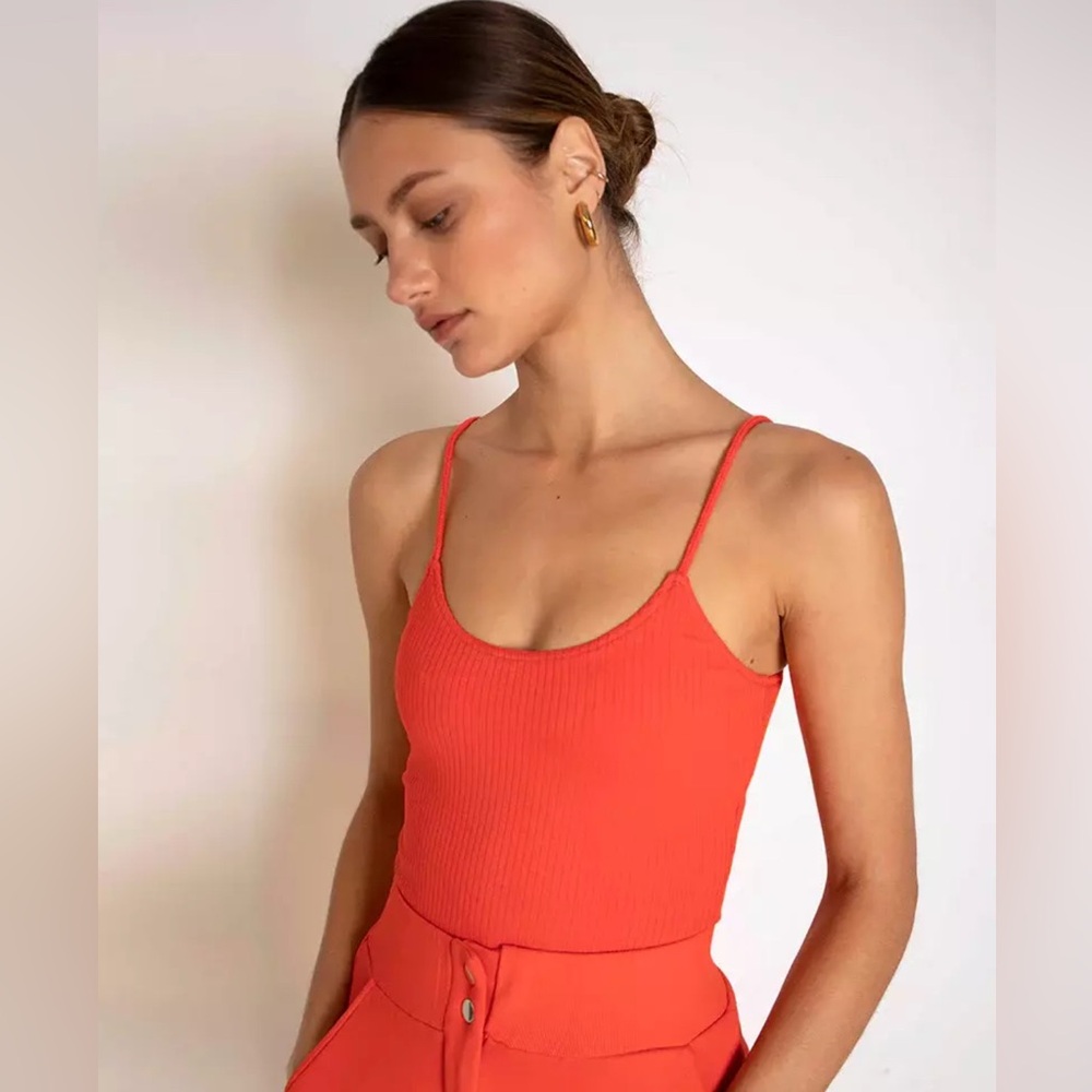 NWT The Range NYC Ribbed Cami Top Tank Fuego Orange Bright Sleeveless Scoop Neck